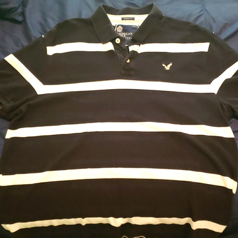 American Eagle Black and White Striped Polo